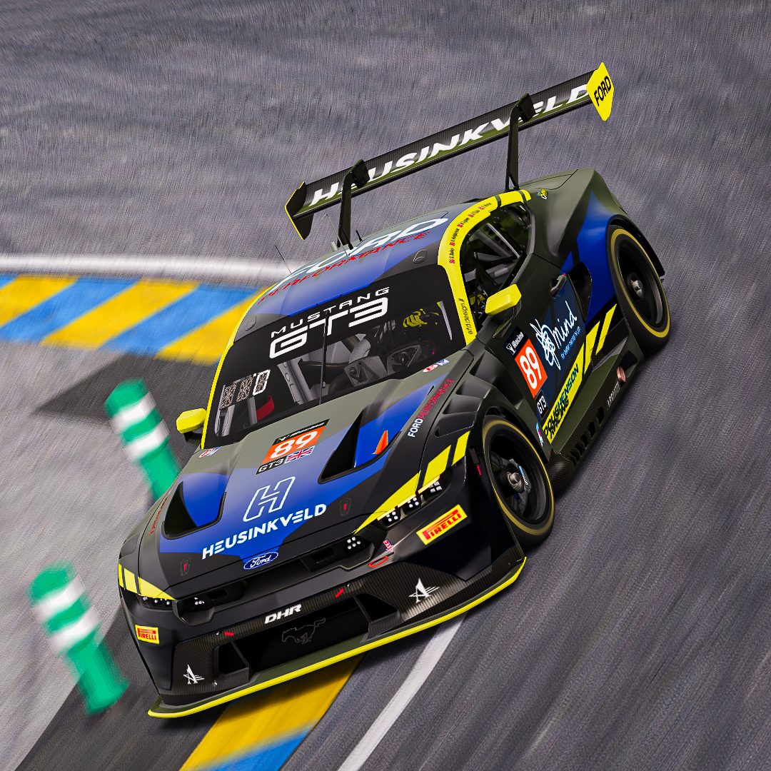 Custom Doug Henson Racing livery design for Le Mans 24 Hours - Ford Mustang GT3 (2024). A personal favourite livery design of mine, this is the Ford Mustang GT3 I raced alongside Bailey, Hodge, Nate, and Alex in the 2024 iRacing Le Mans 24 Hours.
