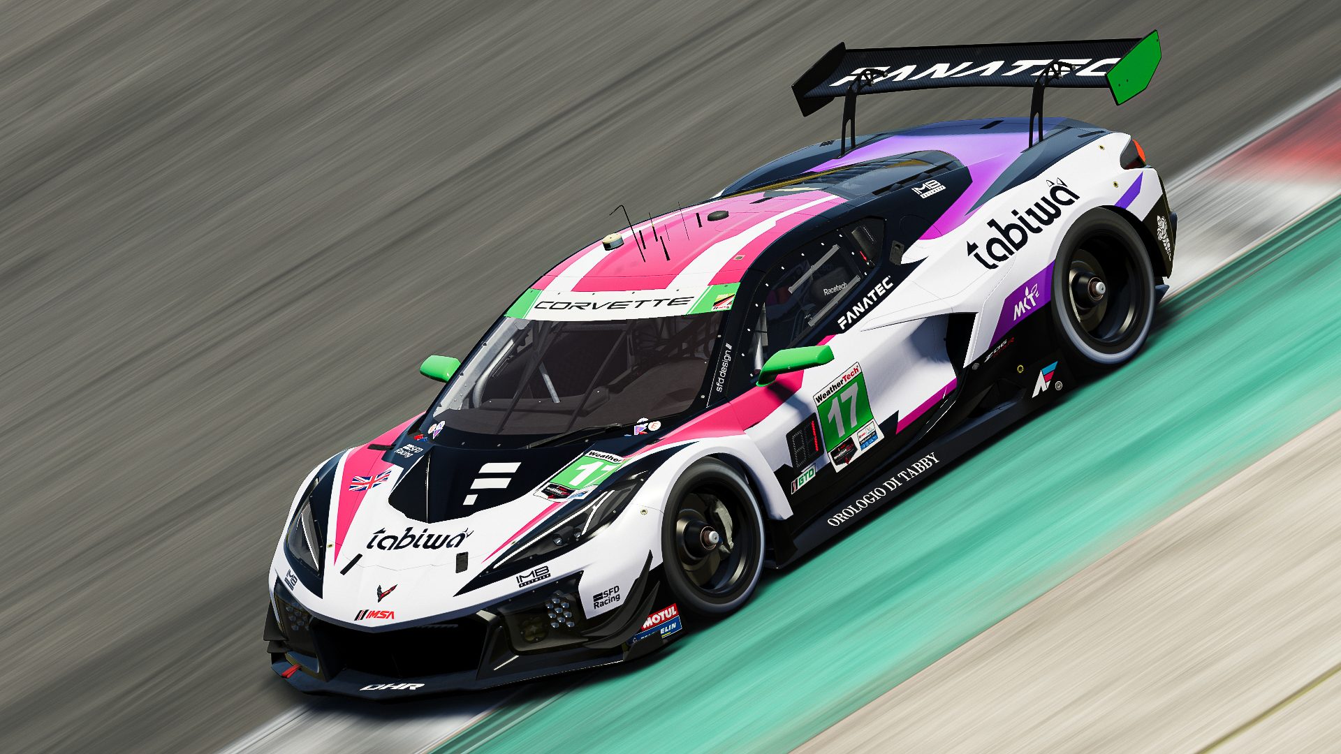 Custom SFD Design livery design for SFD Racing - Corvette Z06 GT3.R (2024). The fun challenge here was to adapt our open-wheel livery design back to the muscular panels of the Corvette Z06 GT3.R. I sense a theme here...