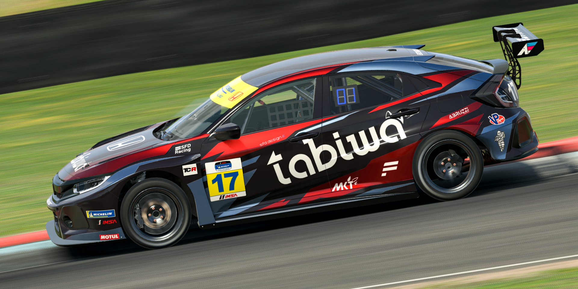 Custom SFD Design livery design for SFD Racing - Honda Civic TCR (2023). Apparently I really liked candy apple red early on. This Honda Civic TCR livery was a fun test of materials following the addition of custom clearcoat features to iRacing.