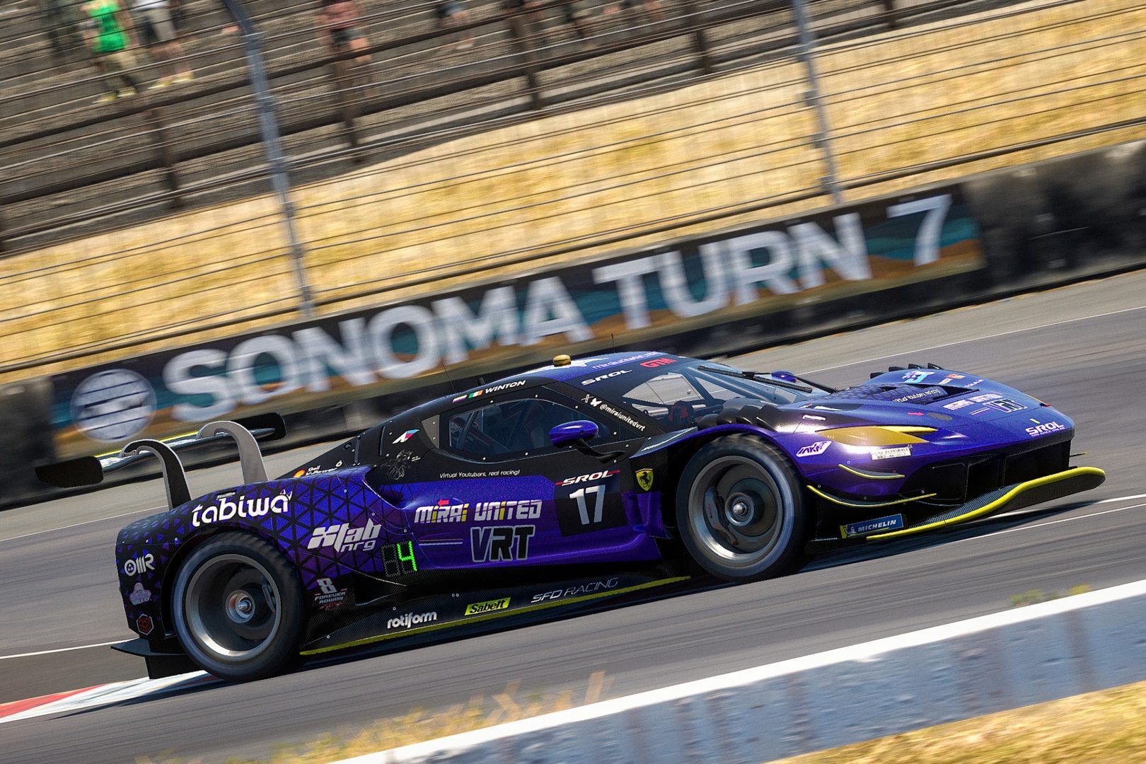 Custom SFD Design livery design for Mirai United VRT - GT Masters Season 2 - Ferrari 296 GT3 (2026). I designed this refreshed Ferrari livery for Mirai United VRT using the current brand identity. I piloted this car to a Silver Cup win in the second season of SROL GT Masters.