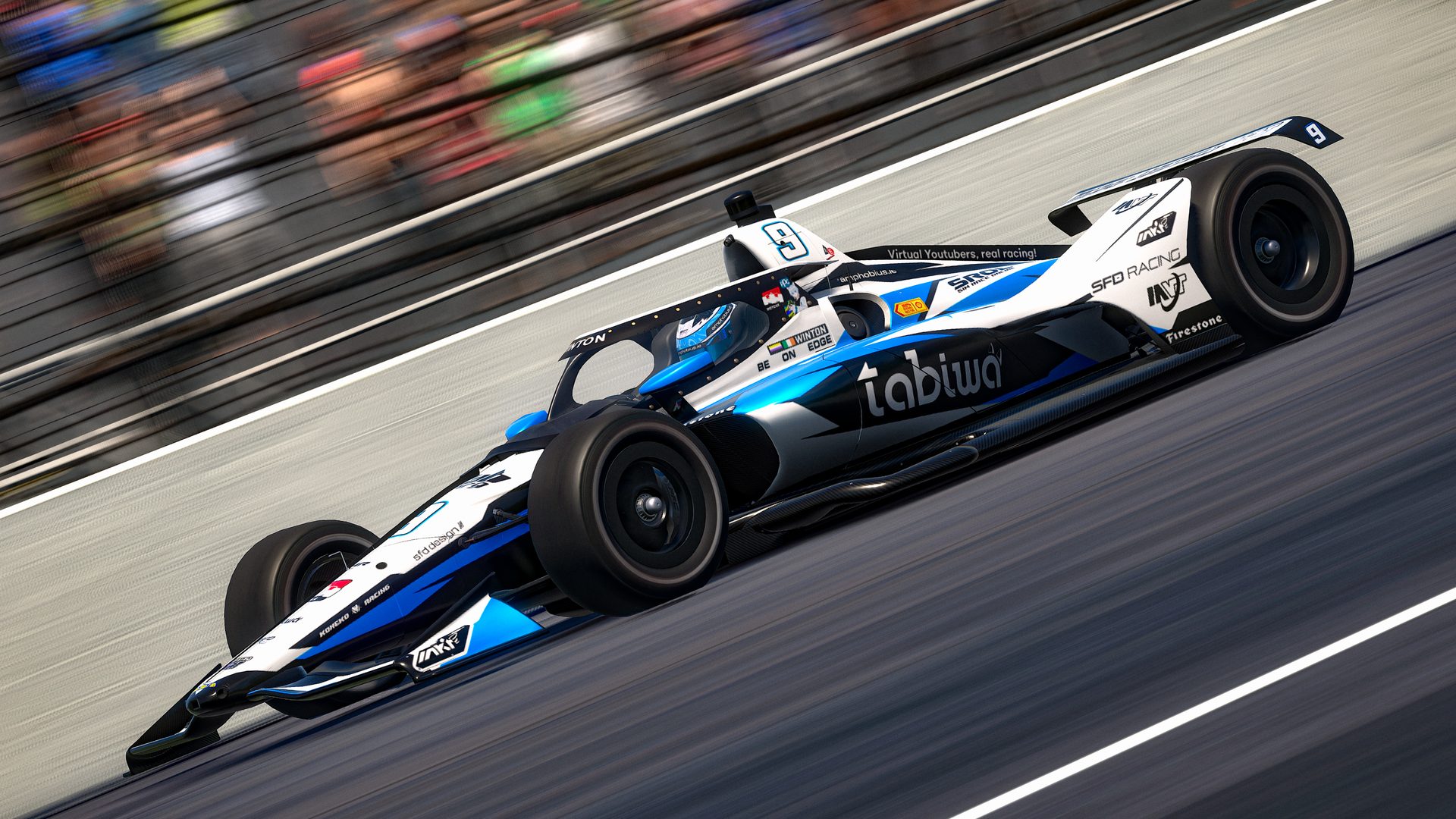 Custom SFD Design livery design for Mirai United VRT - Indianapolis 500 - Dallara IR-18 (2026). This custom Dallara IR-18 livery brought me to another two top split Indy 500 starts with Mirai United VRT. The design elements seamlessly bring my personal VTuber identity into the core Mirai livery language.